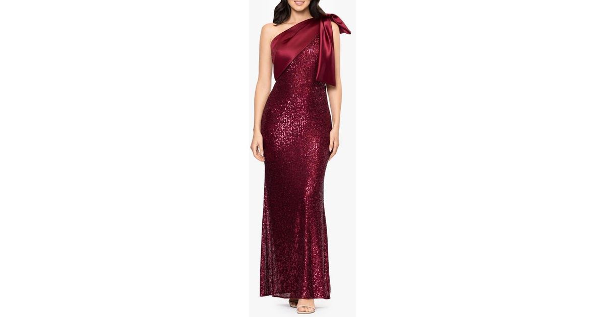 Betsy & Adam Sequin Bow One-Shoulder Column Gown in Red | Lyst