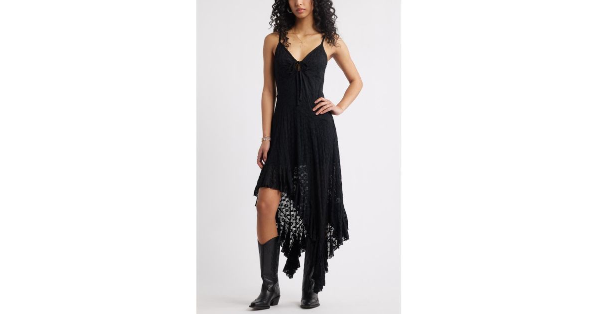 BP. Asymmetric Lace Sleeveless Midi Dress in Black | Lyst