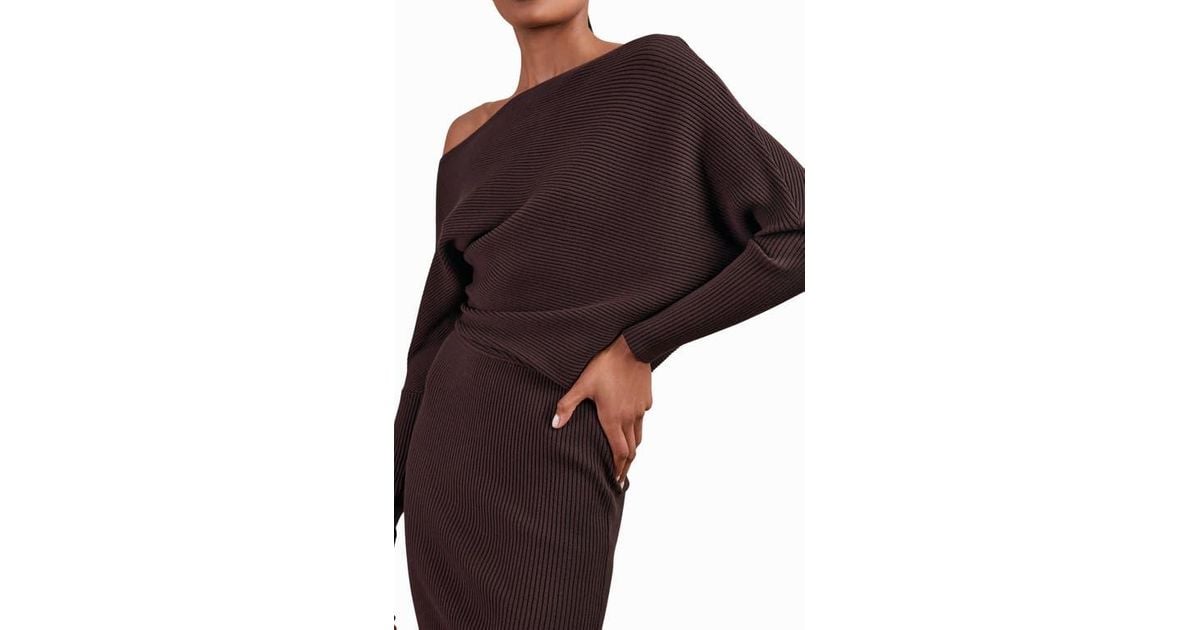 Reiss Lara Off The Shoulder Long Sleeve Sweater Dress in Brown | Lyst