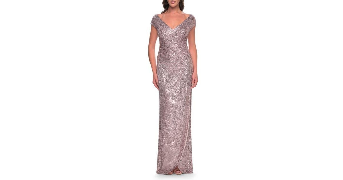 2950 Ecru Sequin Lace Ruffle Evening Dress
