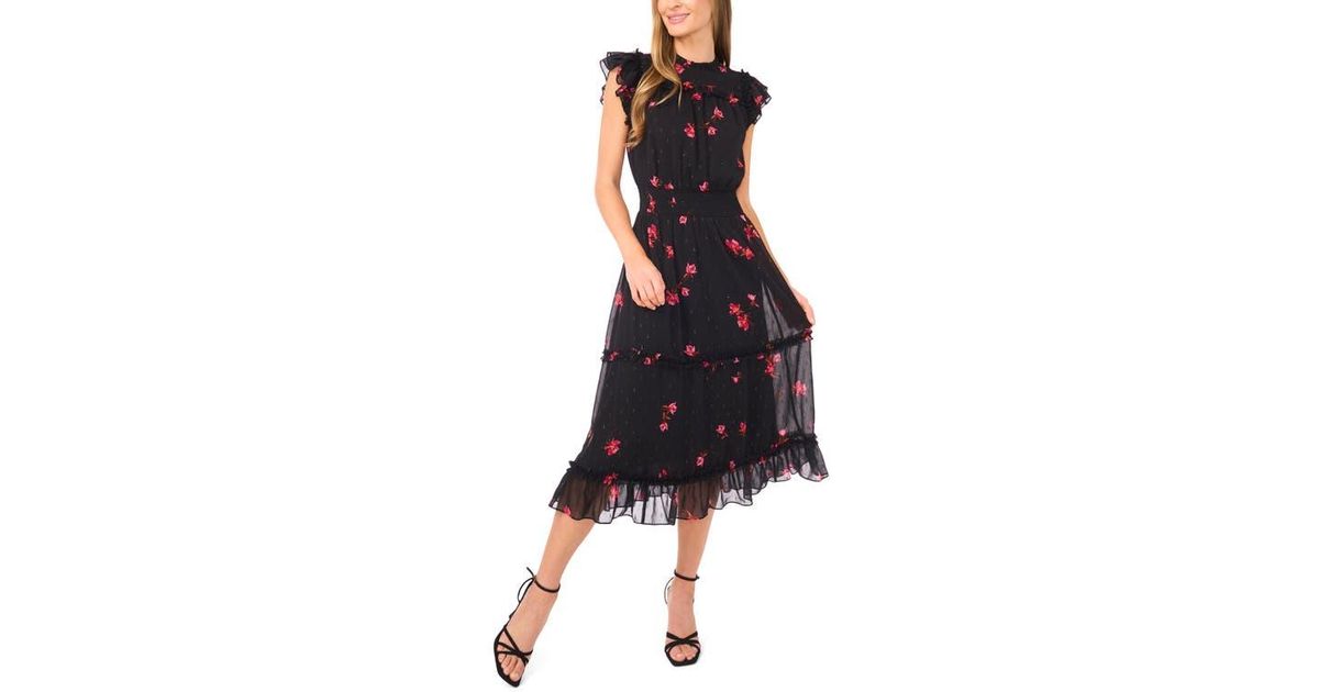 Cece Floral Flutter Sleeve Smocked Midi Dress in Black | Lyst