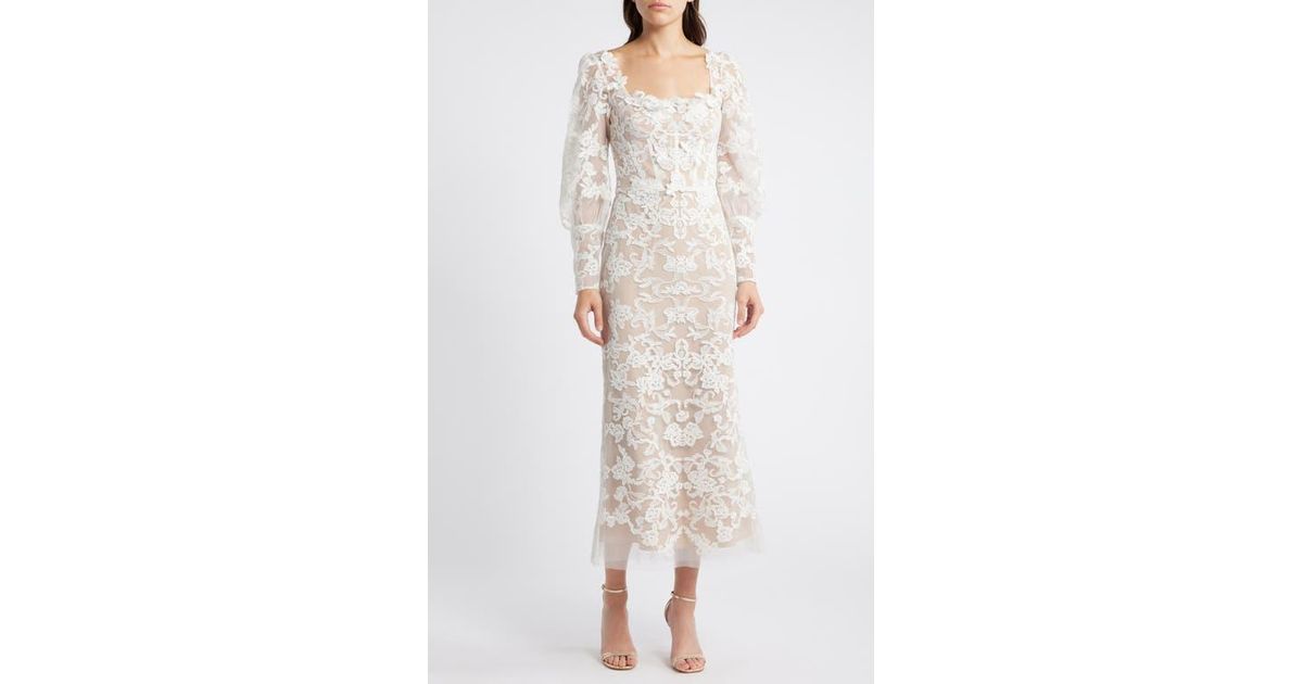 Marchesa Corded Lace Long Sleeve Cocktail Dress in White | Lyst