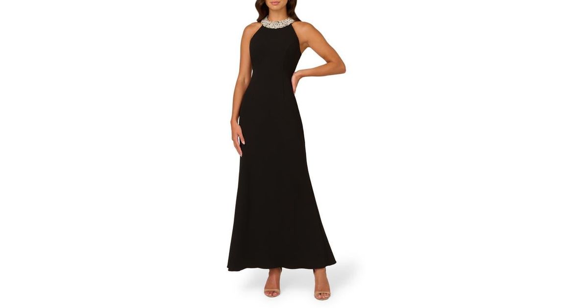 Adrianna Papell Imitation Pearl Embellished Neck Mermaid Gown in Black |  Lyst