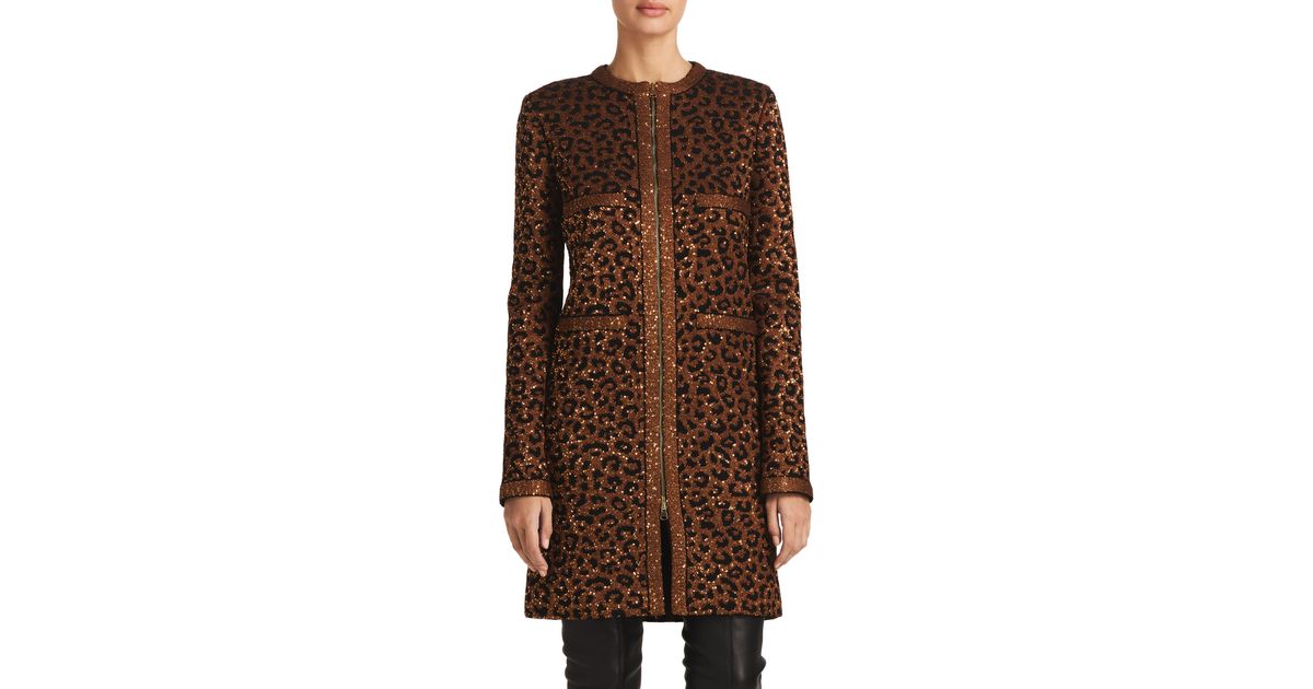 St. John Sequin Leopard Jacquard Long Jacket in Brown Lyst