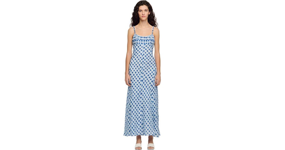sandro blue linen dress SANDRO Lace-trimmed striped cotton and linen-blend maxi dress