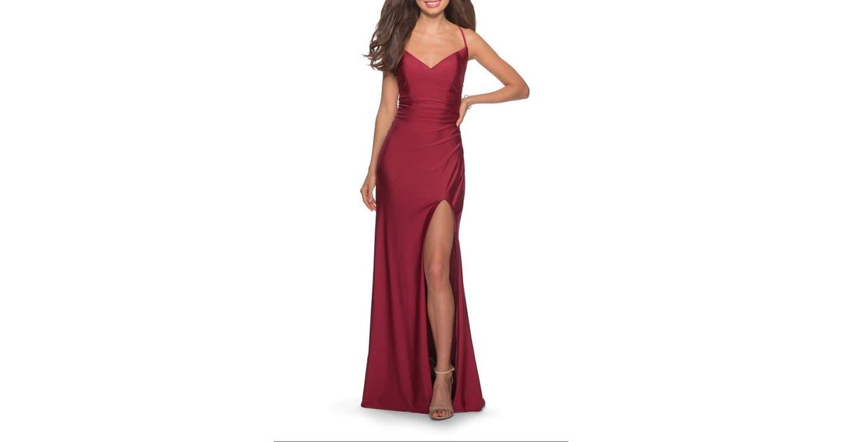 La Femme Long Homecoming Dress With Slit And Criss Cross Back in Red | Lyst