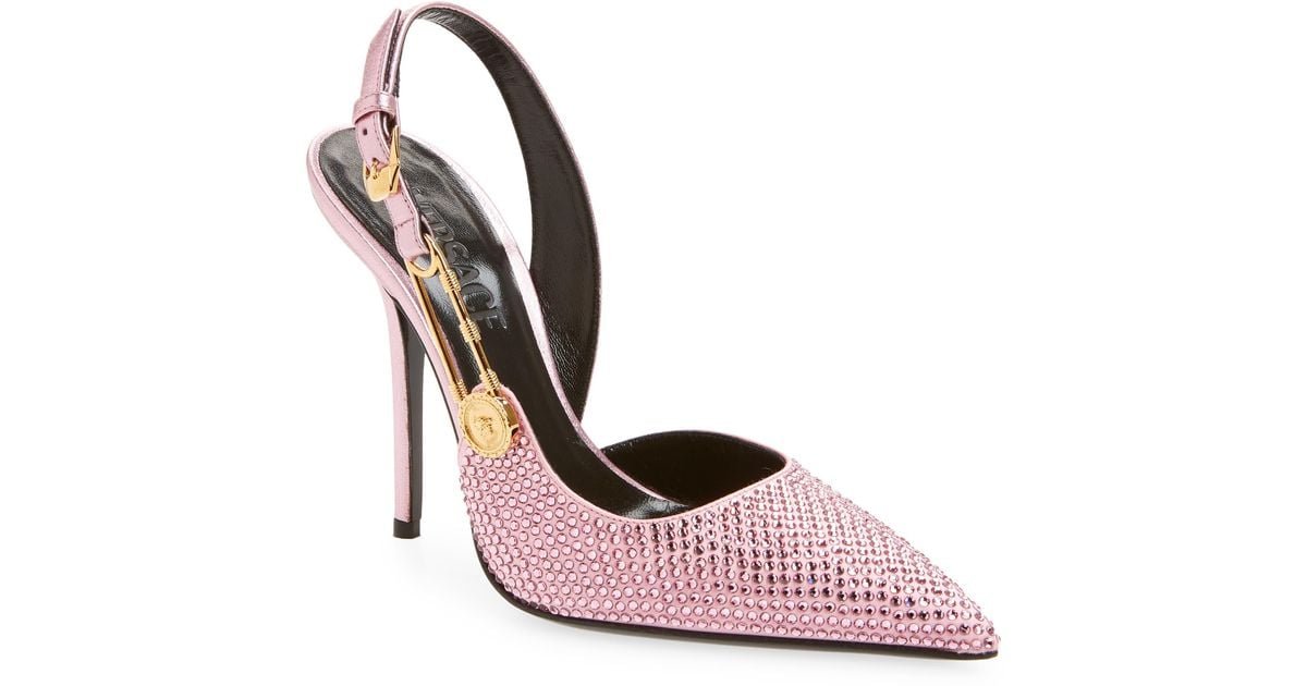 Versace Safety Pin Crystal Pointy Toe Slingback Pump in Pink | Lyst