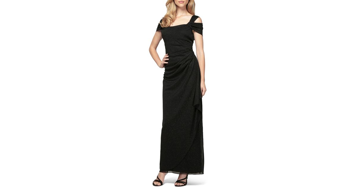 Alex Evenings Cold Shoulder Ruffle Glitter Chiffon Gown in Black | Lyst