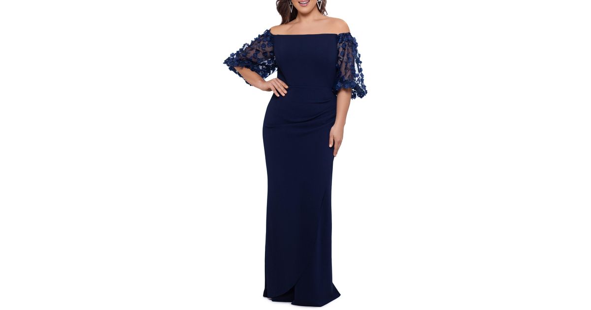Xscape 3d Floral Sleeve Off The Shoulder Gown in Blue Lyst