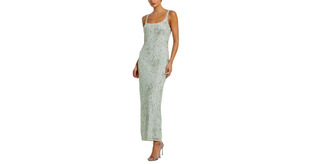 Mac Duggal Beaded Mesh Scoop Neck Fitted Gown With Bows in Green | Lyst