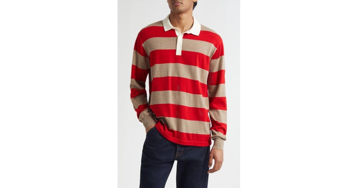 Drake's Block Stripe Long Sleeve Rugby Polo Sweater in Red for Men | Lyst