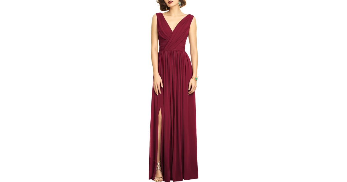 surplice ruched chiffon gown