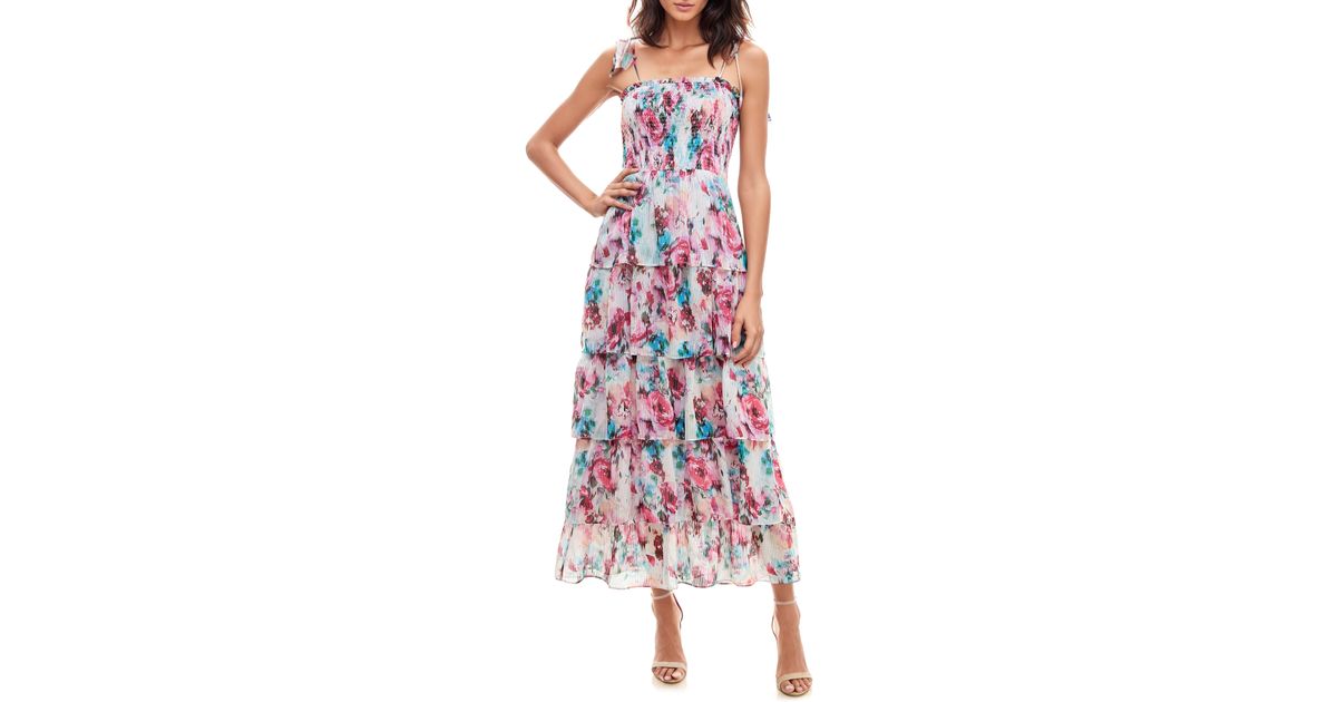 Socialite Floral Smocked Tie Strap Maxi Cocktail Dress in Red | Lyst