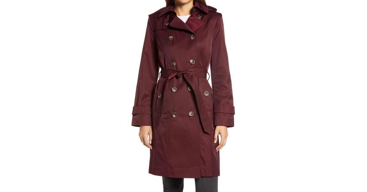 London Fog Double Breasted Trench Coat With Removable Hood in Burgundy