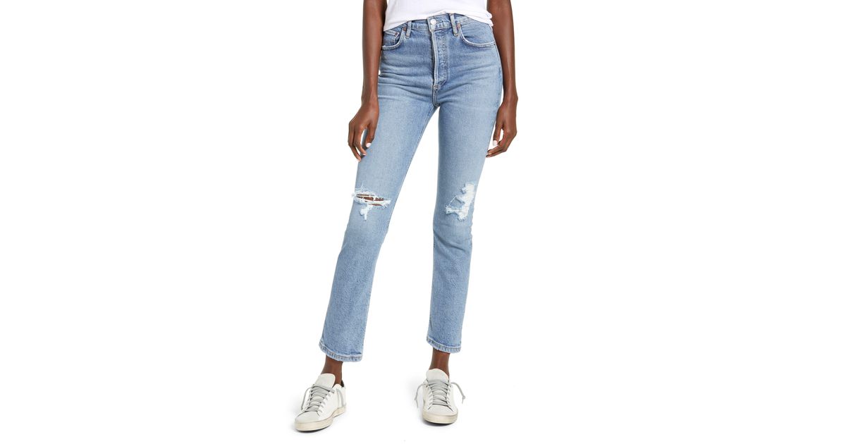Agolde Riley Ripped Super High Waist Crop Straight Leg Jeans in Blue | Lyst