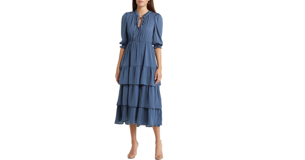 MELLODAY Tiered Satin Midi Dress in Blue | Lyst
