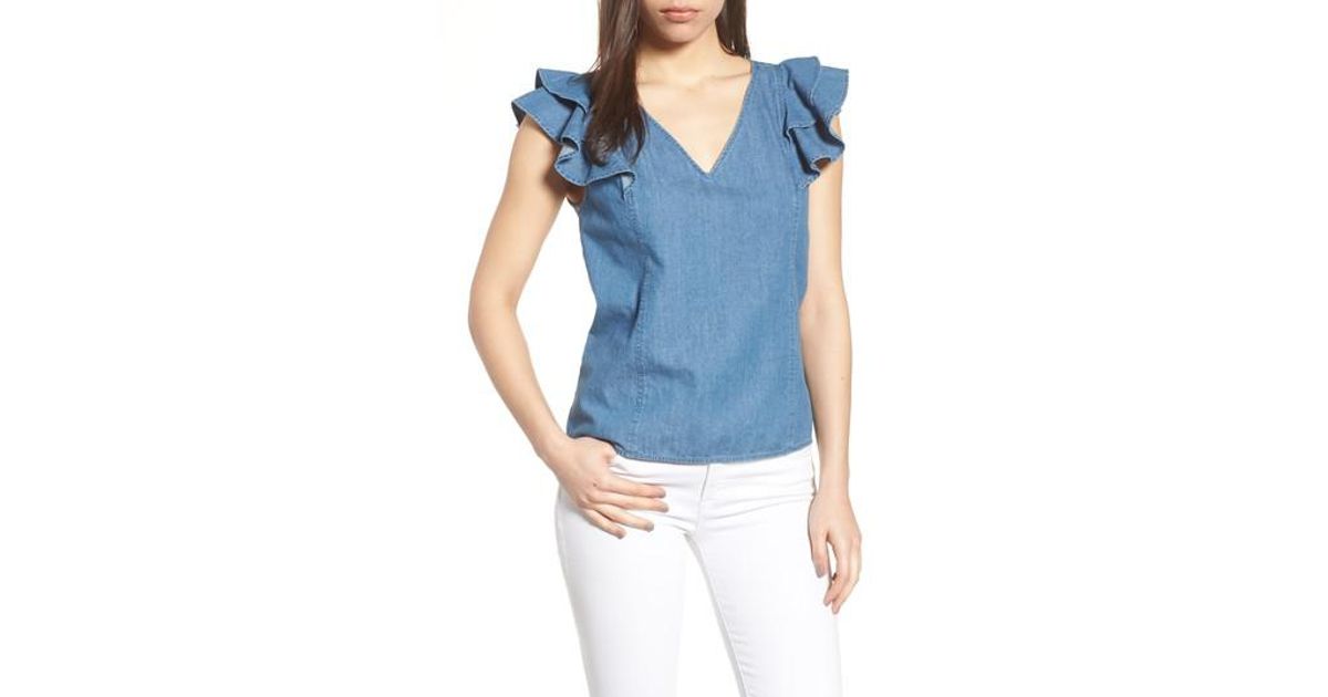 chambray ruffle sleeve top