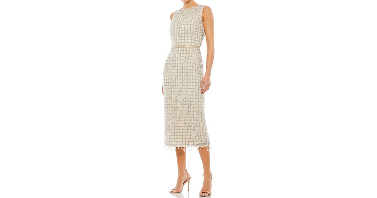 Mac Duggal Embellished Sleeveless Tweed Midi Dress in Natural | Lyst