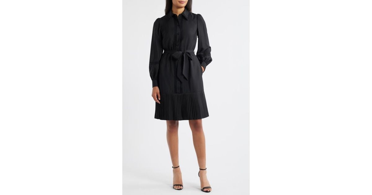 Eliza J Lace Detail Long Sleeve Pleated Shirtdress in Black | Lyst