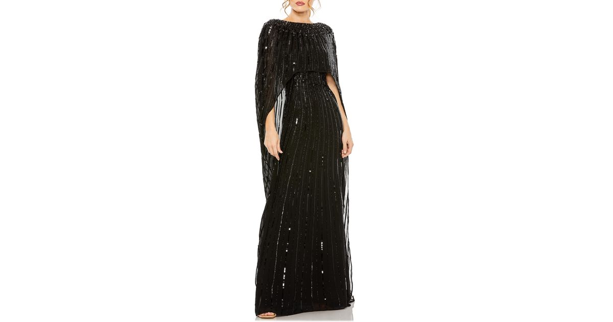 Mac Duggal Sequin Embellished Long Sleeve Capelet Column Gown in Black ...
