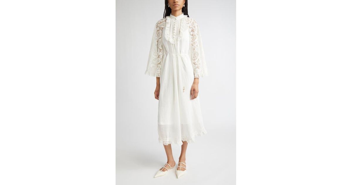 Zimmermann Ascension Lace Trim Tie Waist Midi Dress in White | Lyst