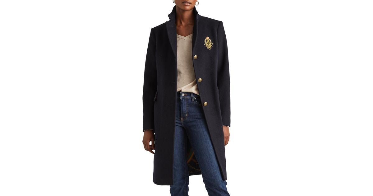 Lauren by Ralph Lauren Crest Patch Wool Blend Coat in Black Lyst