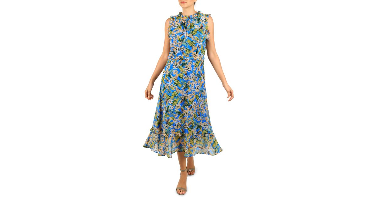 Julia Jordan Floral Print Ruffle Midi Dress in Blue | Lyst