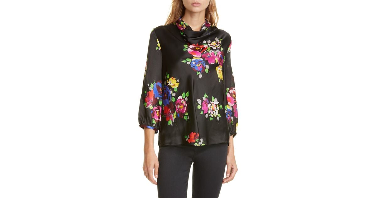 Kate Spade Rare Roses Floral Silk Cowl Neck Blouse in Black - Lyst