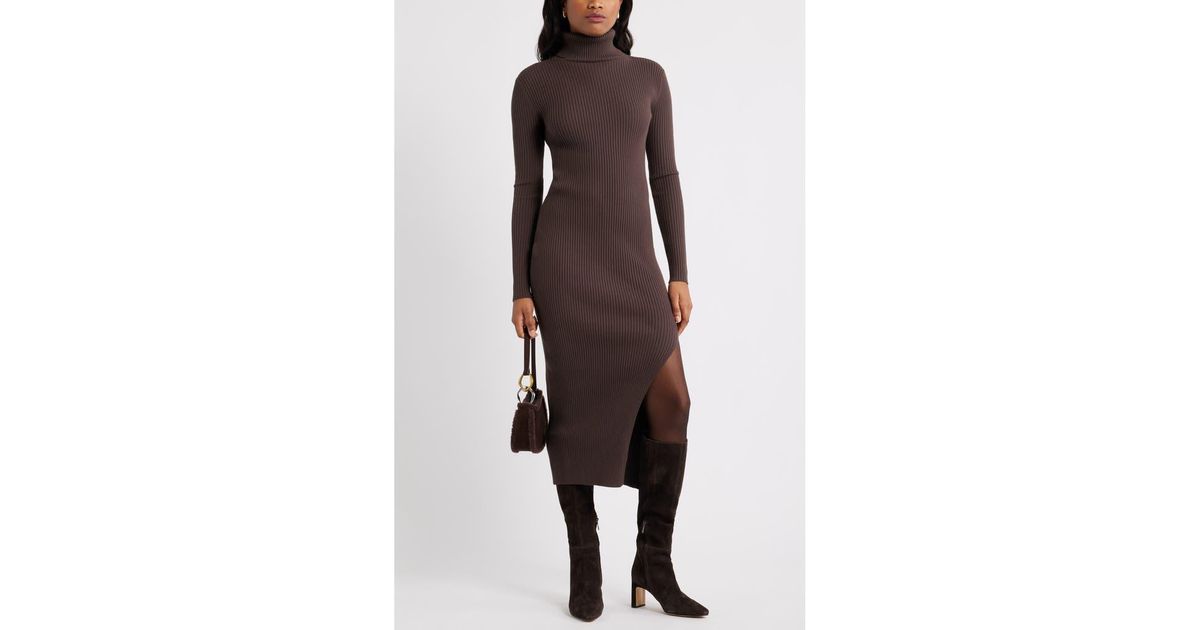 Open Edit Rib Long Sleeve Turtleneck Sweater Dress in Brown | Lyst