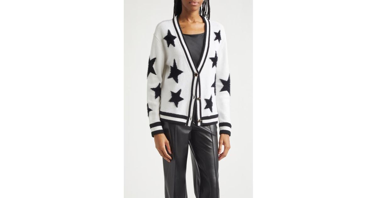 Alice + Olivia Bradley Intarsia Star & Stripe Trim Wool Blend Cardigan