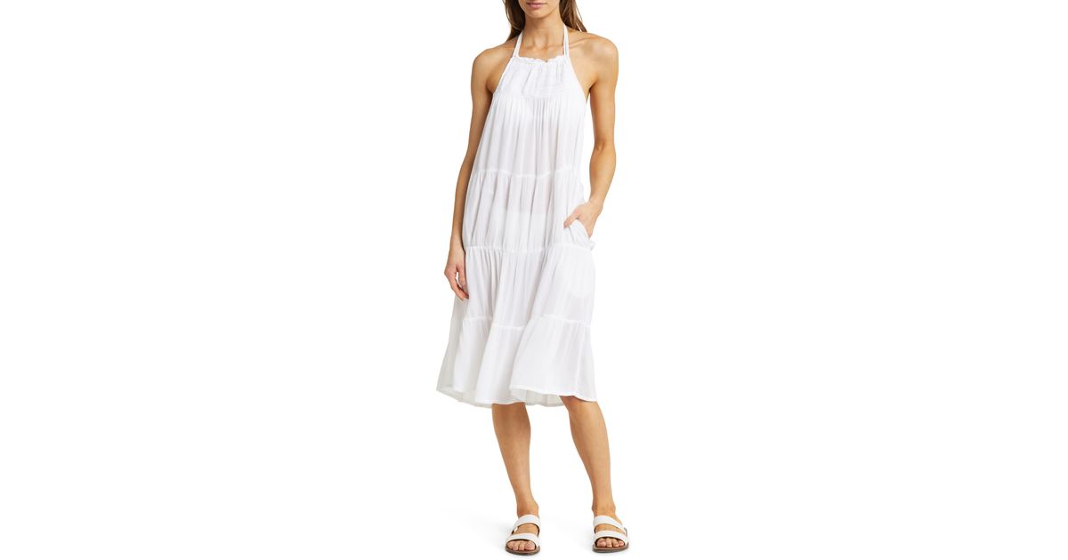 Elan Smocked Yoke Tiered Cover-up Dress in White | Lyst
