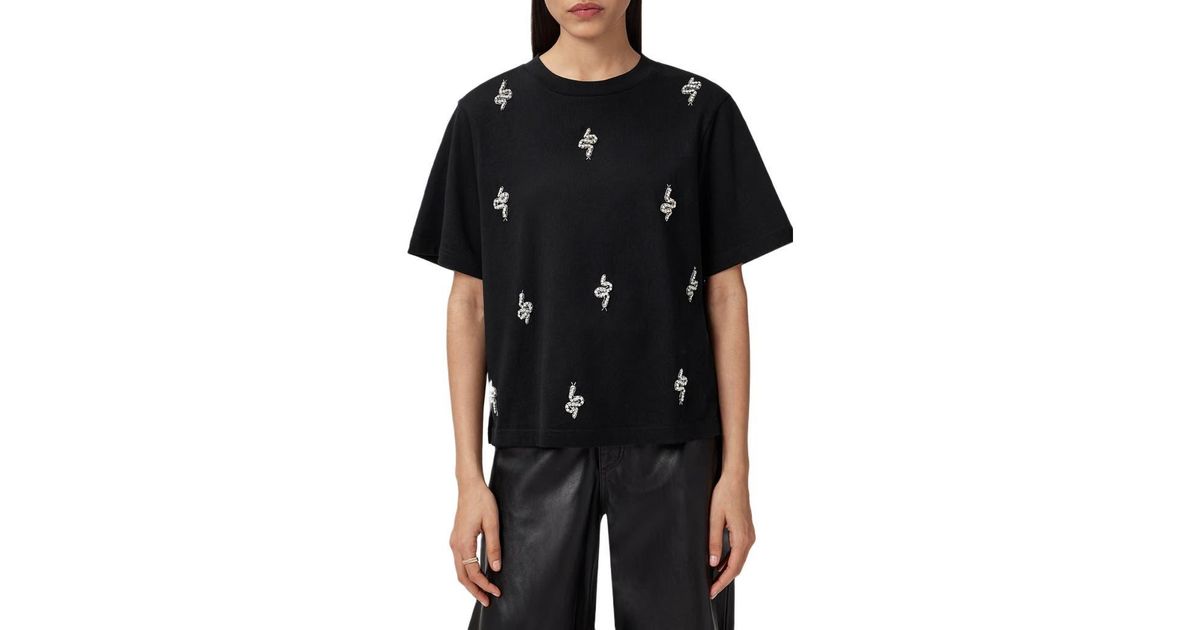 AllSaints Rhea Lisa Embellished Cotton Graphic T-Shirt in Black | Lyst