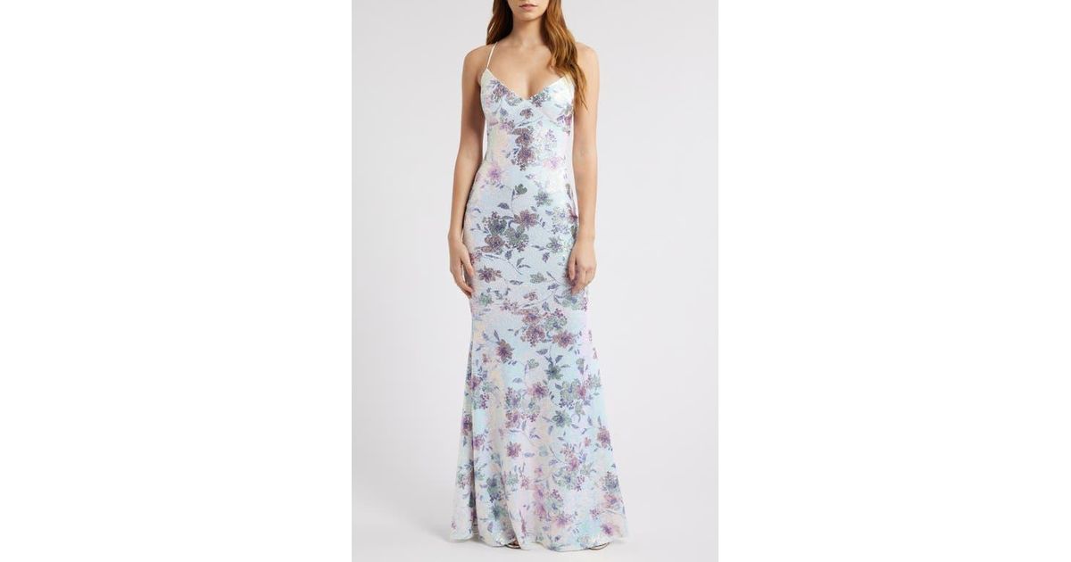 City Studios Floral Print Sequin Dress in Blue | Lyst