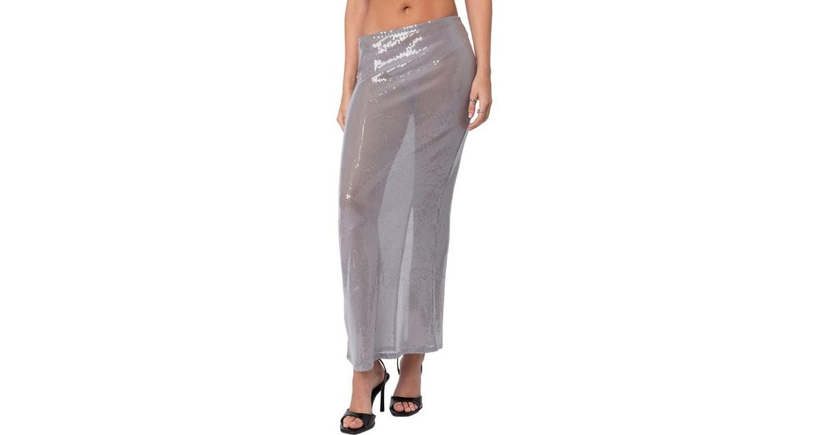 Edikted Riki Sheer Sequin Low Rise Maxi Skirt in Gray | Lyst
