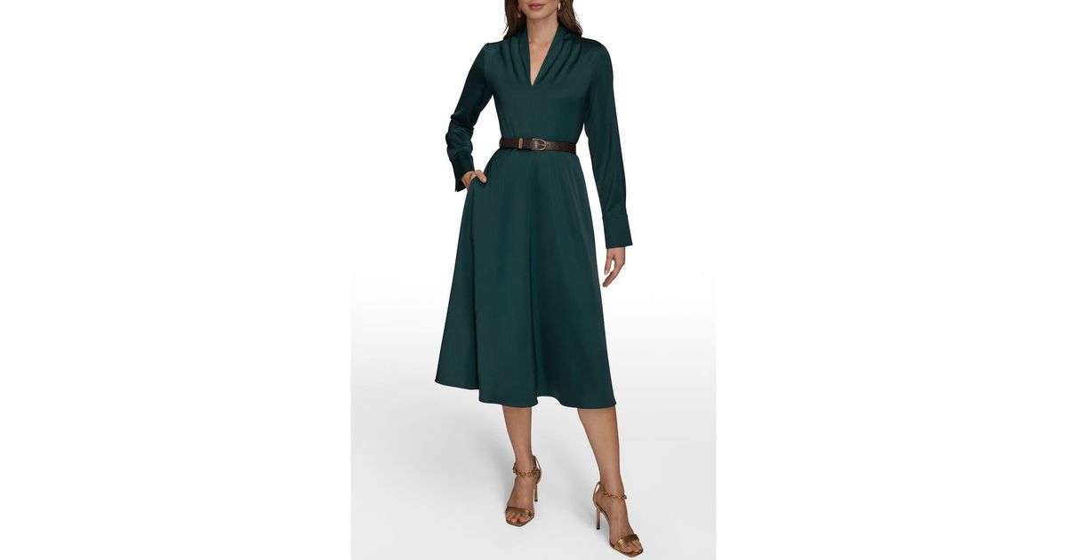 Donna Karan Long Sleeve Belted Satin Midi Dress in Green | Lyst Donna Karan Long Sleeve Belted Satin Midi Dress in Green | Lyst