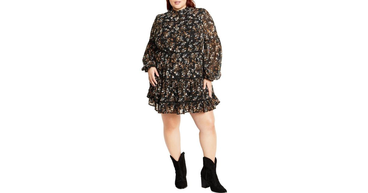 City Chic Elise Floral Long Sleeve Tiered Minidress in Black | Lyst