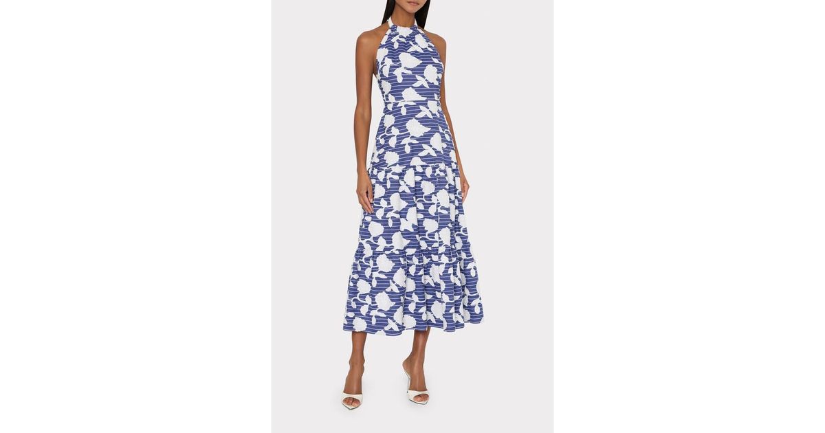 milly hayden halter dress Floral Embroidered Midi in Blue Homecoming Outfits 2022