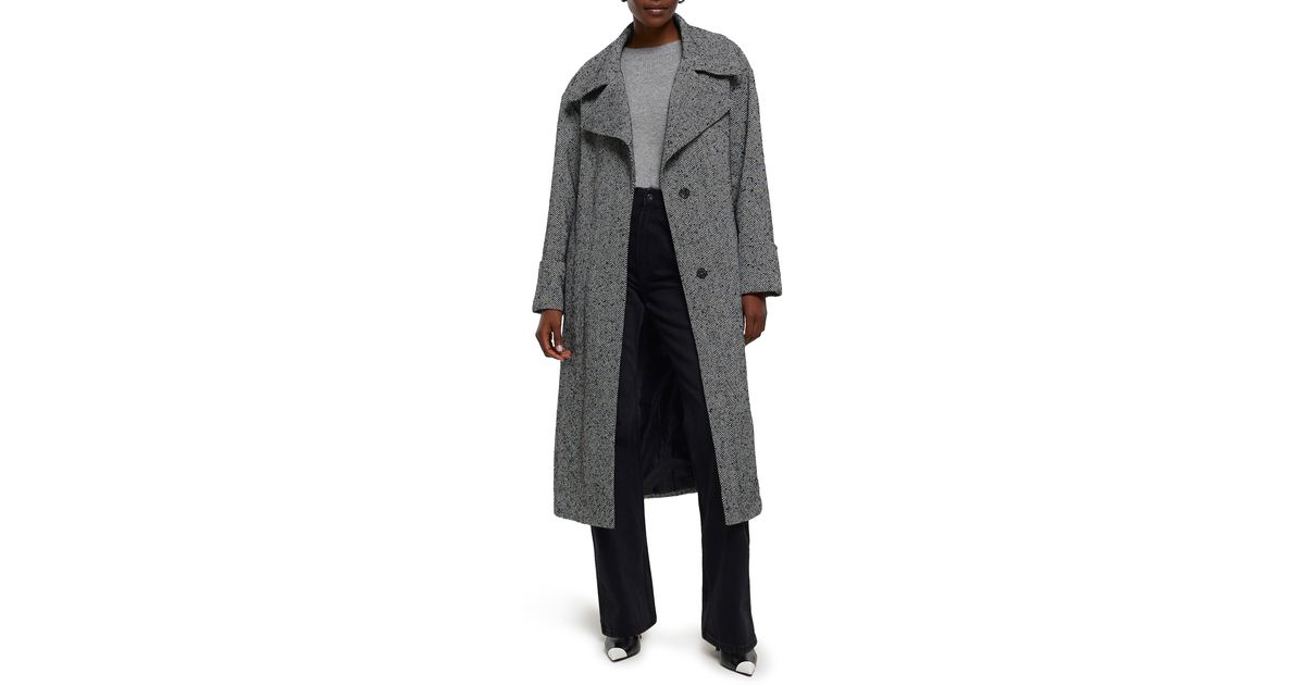 River Island Oversize Belted Herringbone Trench Coat in Black Lyst