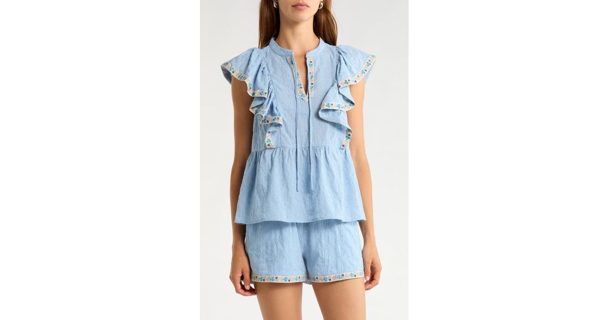 Round Split Neck Sugarlips Marcy Floral Ruffle Trim Split Neck Top in Blue | Lyst