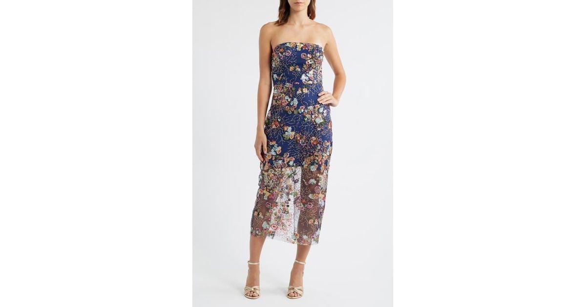 sachin and babi light blue dress Sam Edelman Floral Sequin Strapless Midi Dress in Blue