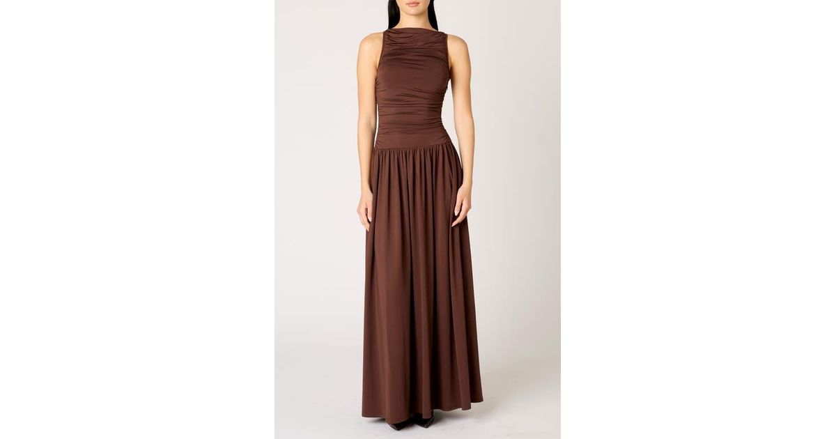 Nia Clea Ruched Sleeveless Drop Waist Maxi Dress in Brown | Lyst