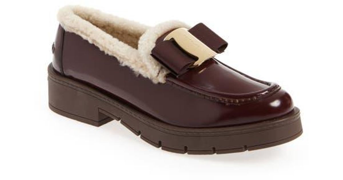 Ferragamo Vara Bow Genuine Shearling Lined Loafer in Brown Lyst