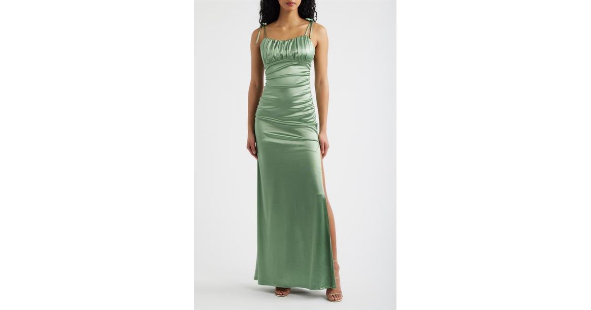 emerald sundae green dress Emma Ruched Tie Strap Satin Gown in Embellishment:Fully Sparkling