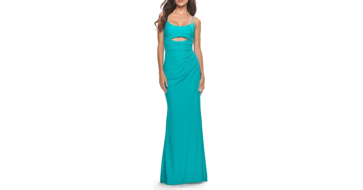 La Femme Cut Out Soft Jersey Dress With Lace Up Back in Blue | Lyst La Femme Cut Out Soft Jersey Dress With Lace Up Back in Blue | Lyst
