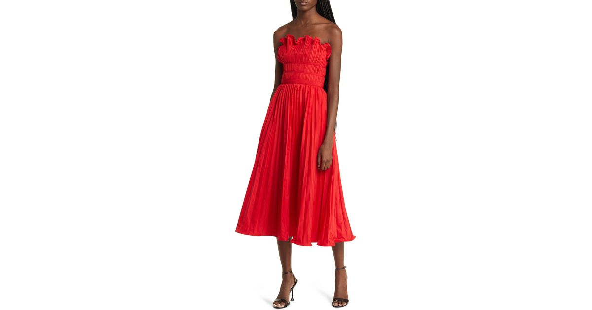 moon river red dress Moon River Strapless Pleated Midi Dress in Red