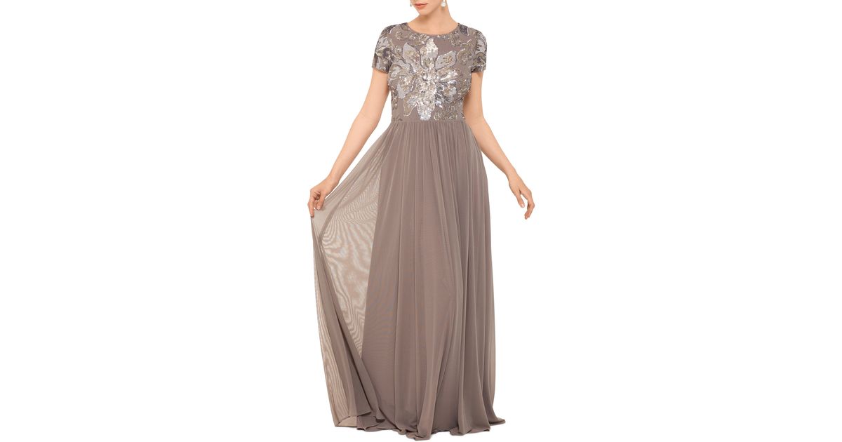 betsy & adam sequin & mesh overlay gown