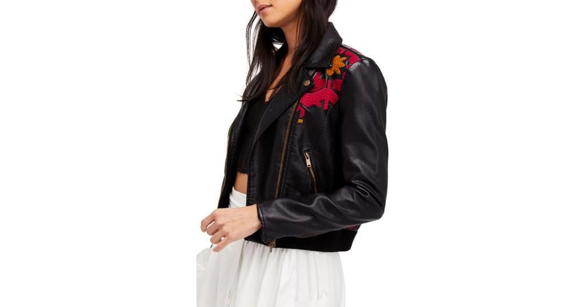 Free People Embroidered Faux Leather Moto Jacket In Black Lyst