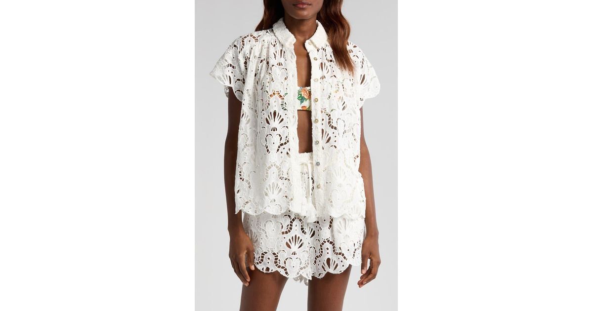 【Farm Rio】 Seashellレースコットンシャツ farm-rio-White-Seashell-