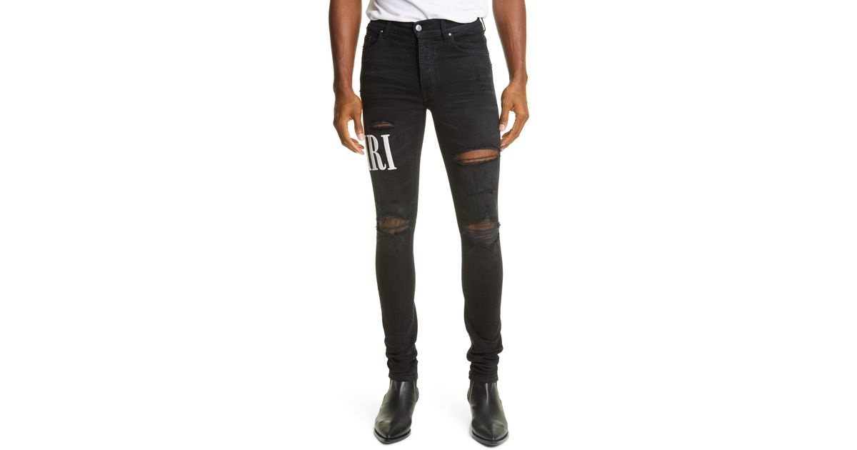 Amiri Logo Embroidered Ripped Skinny Jeans in Black for Men | Lyst