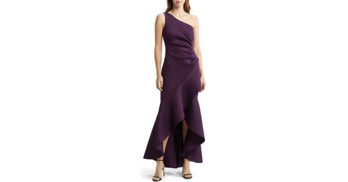 Eliza J One Shoulder Side Pleat Ruffle Gown in Purple Lyst